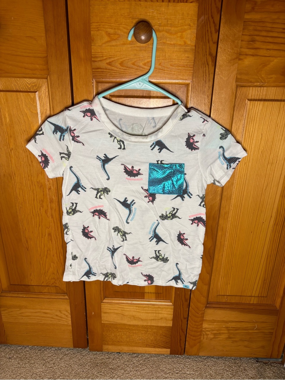 Kids White Dino Print T-Shirt with Blue Sequin Pocket